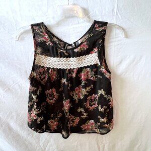 Band of Gypsies, Black w/ Floral Pattern, Sleeveless Top, Lace Trim, Sz Large EC